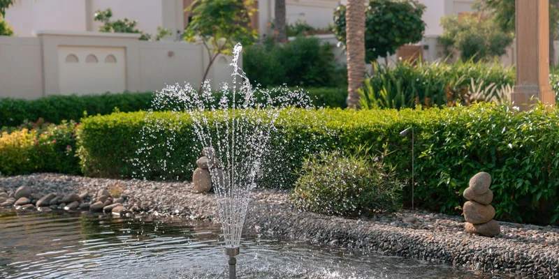 Tranquil garden scene featuring a water fountain in a lush pond, with stacked stones, in Dubai