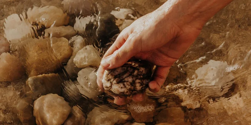 A closeup of a hand holding a stone in shallow water with pebbles