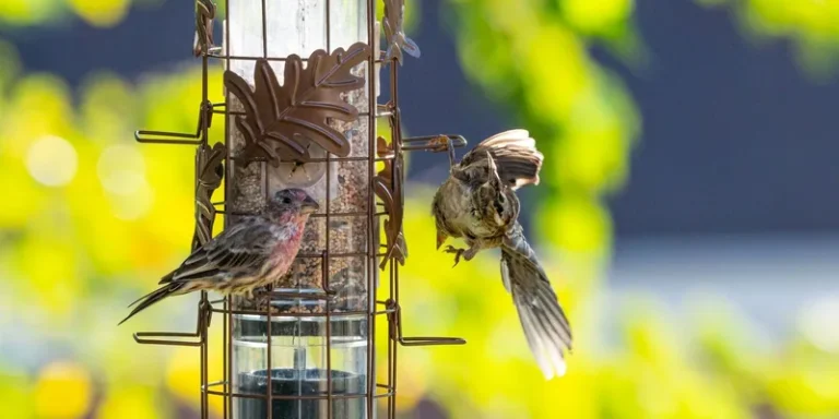 Two small birds feeding at a leaf-themed bird feeder in bright sunlight outdoors