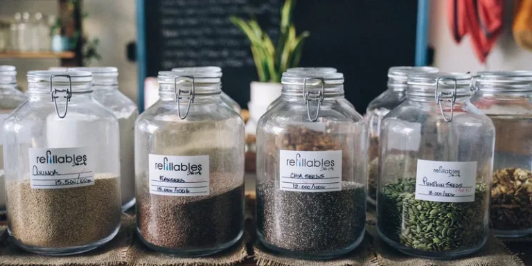 Glass jars in a store containing organic seeds like quinoa and flax, promoting sustainable living