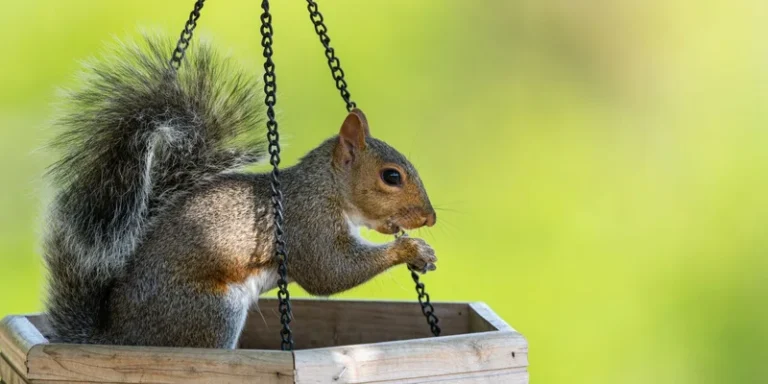 Grey squirrel feeding in a wooden bird feeder in Canonsburg, Pennsylvania with a green blurred background