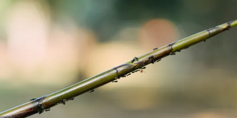 Detailed macro shot of ants crawling along a bamboo twig with a blurred background