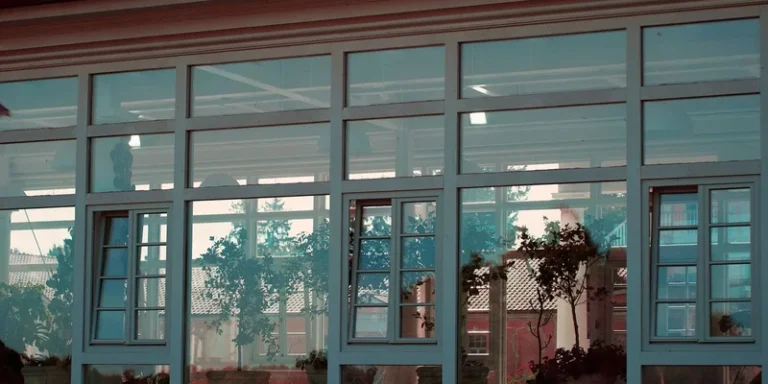 Large glass windows reflecting garden and outdoor view with plants