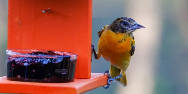 A Baltimore Oriole perched on a vibrant orange bird feeder with a dish of dark berries