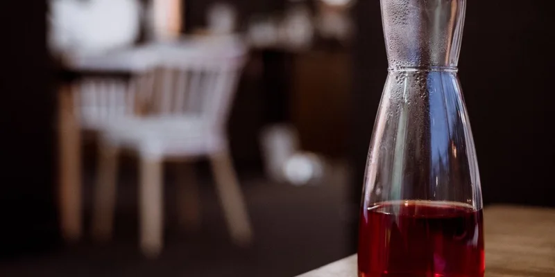 Close-up of a glass carafe filled with red liquid on a wooden table in a cozy indoor setting