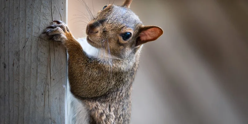 Adorable close-up of a squirrel climbing a wooden post