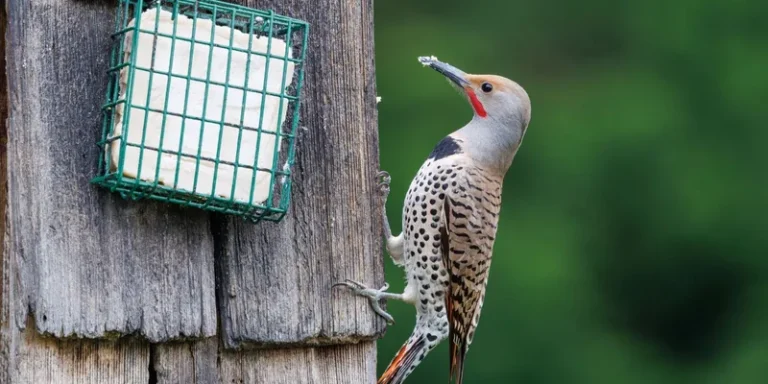 Northern Flicker woodpecker clinging to wooden suet feeder