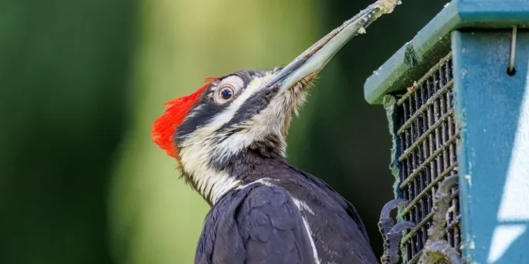 Close-up of pileated woodpecker eating suet from a garden feeder outdoors