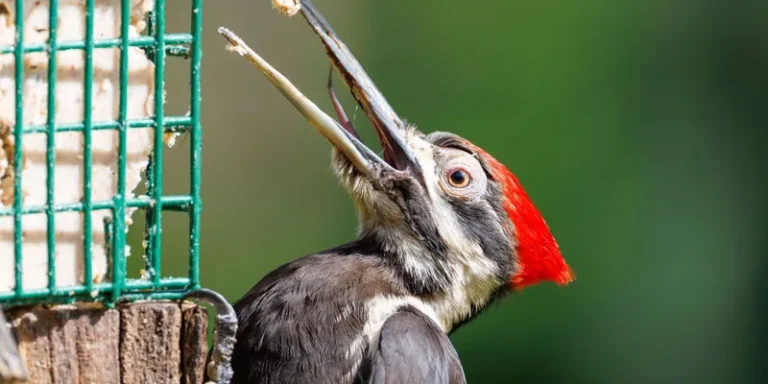 Vivid photo of a Pileated Woodpecker feeding from a backyard suet feeder