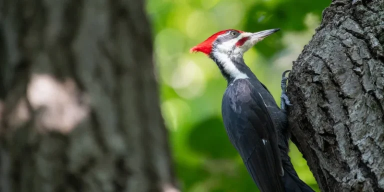 A vivid pileated woodpecker perched on a tree trunk, captured outdoors in a natural setting