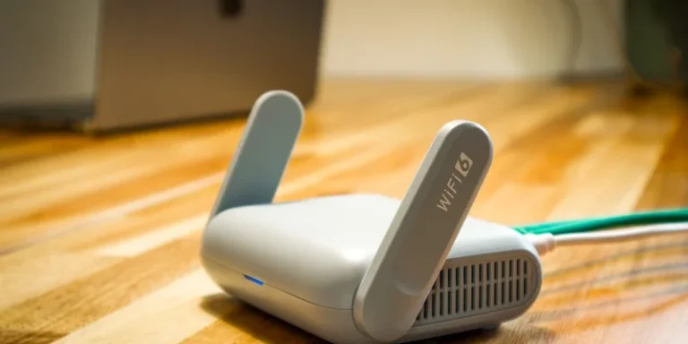 A sleek WiFi 6 router with antennas and cable on a wooden desk